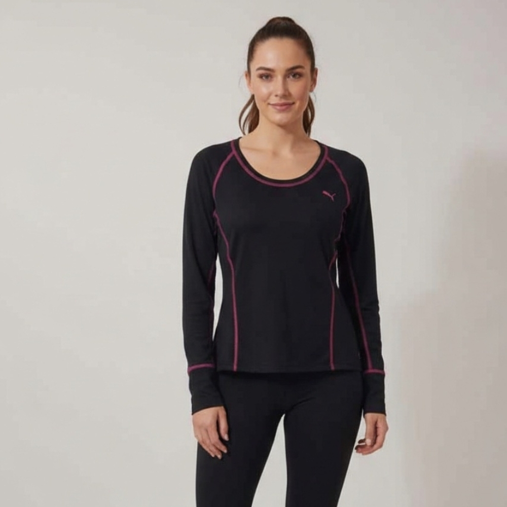 Puma Women's Performance Activewear Black Pink Seam Long Sleeve Tee Medium